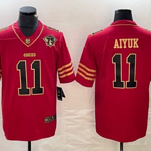 Men's San Francisco 49ers #11 Brandon Aiyuk Red Gold With 75th Anniversary Patch Stitched Jersey - Custom Name