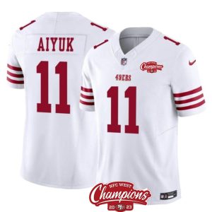 Men's San Francisco 49ers #11 Brandon Aiyuk White 2023 F.U.S.E. NFC West Champions Patch Stitched Football Jersey - Custom Name