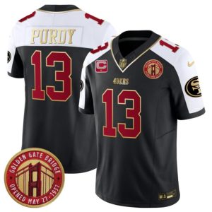Men's San Francisco 49ers #13 Brock Purdy Balck F.U.S.E. Golden Gate Bridge With 1-Star C Patch Alternate Vapor Limited Stitched Football Jersey - Custom Name