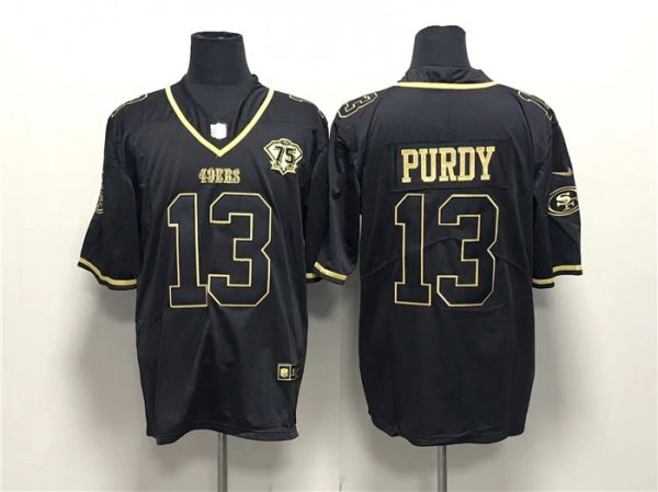 Men's San Francisco 49ers #13 Brock Purdy Black Gold With 75th Anniversary Patch Stitched Jerseych Cool Base Stitched Baseball Jersey - Custom Name