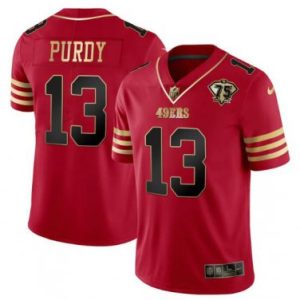 Men's San Francisco 49ers #13 Brock Purdy Red Gold With 75th Patch Stitched Football Jersey - Custom Name