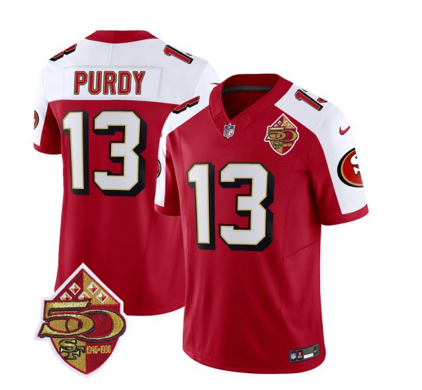 Men's San Francisco 49ers #13 Brock Purdy Red-White 2023 F.U.S.E. 50th Patch Throwback Stitched Football Jersey - Custom Name