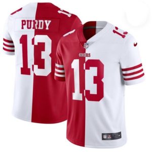 Men's San Francisco 49ers #13 Brock Purdy Red & White Split Limited Stitched Jersey - Custom Name