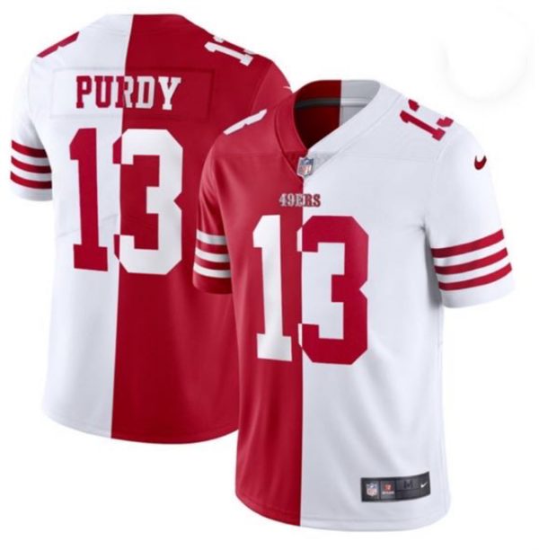 Men's San Francisco 49ers #13 Brock Purdy Red & White Split Limited Stitched Jersey - Custom Name