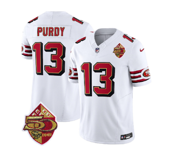 Men's San Francisco 49ers #13 Brock Purdy White 2023 F.U.S.E. 50th Patch Vapor Untouchable Limited Stitched Football Jersey - Custom Name