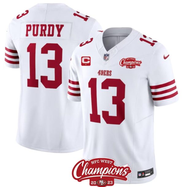 Men's San Francisco 49ers #13 Brock Purdy White 2023 F.U.S.E. With 1-Star C Patch And NFC West Champions Patch Stitched Football Jersey - Custom Name
