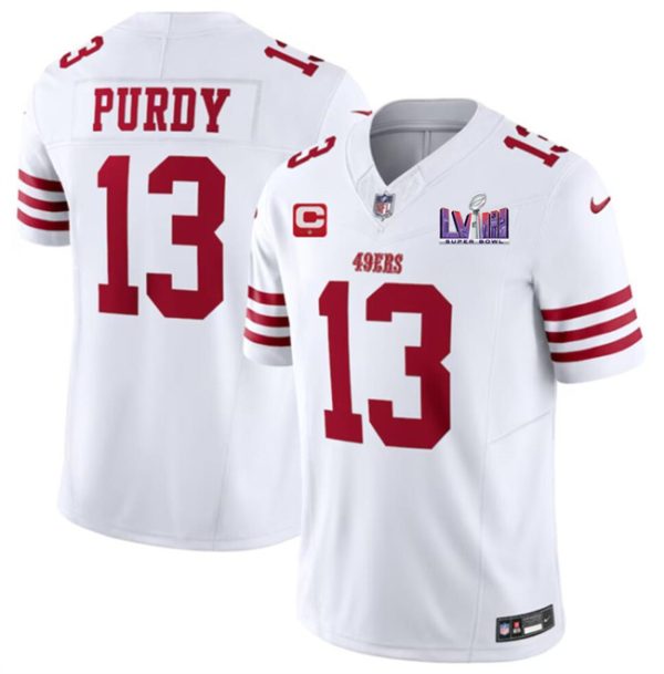 Men's San Francisco 49ers #13 Brock Purdy White F.U.S.E. Super Bowl LVIII Patch And 1-star C Patch Vapor Untouchable Limited Stitched Football Jersey - Custom Name