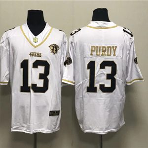 Men's San Francisco 49ers #13 Brock Purdy White Gold With 75th Anniversary Patch Stitched Jersey - Custom Name