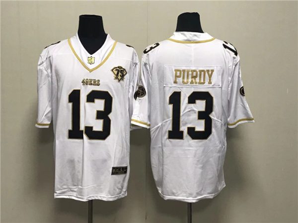 Men's San Francisco 49ers #13 Brock Purdy White Gold With 75th Anniversary Patch Stitched Jersey - Custom Name