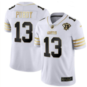 Men's San Francisco 49ers #13 Brock Purdy White Gold With 75th Patch Stitched Jersey - Custom Name