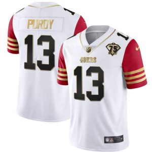 Men's San Francisco 49ers #13 Brock Purdy White-Red With 75th Anniversary Patch Stitched Jersey - Custom Name
