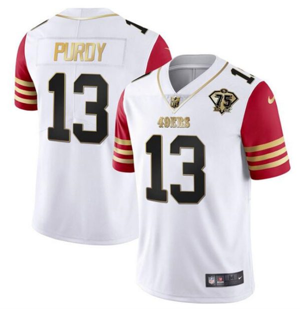 Men's San Francisco 49ers #13 Brock Purdy White-Red With 75th Anniversary Patch Stitched Jersey - Custom Name