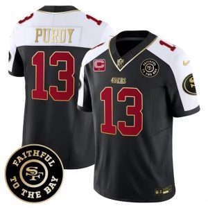Men's San Francisco 49ers #13 Brock Purdy White balck 2023 F.U.S.E. With 1-Star C Patch and Faithful To The Bay Patch Stitched Football Jersey - Custom Name