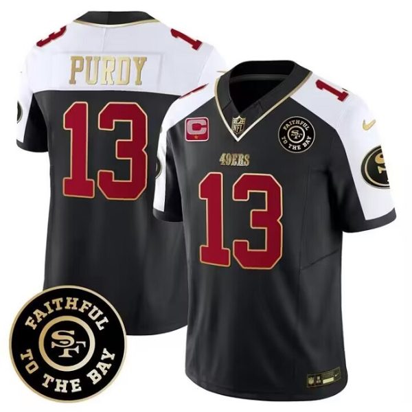 Men's San Francisco 49ers #13 Brock Purdy White balck 2023 F.U.S.E. With 1-Star C Patch and Faithful To The Bay Patch Stitched Football Jersey - Custom Name