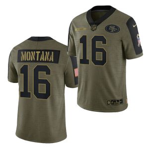 Men's San Francisco 49ers #16 Joe Montana 2021 Olive Camo Salute To Service Limited Stitched Jersey - Custom Name