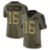 Men's San Francisco 49ers #16 Joe Montana 2021 Olive Camo Salute To Service Limited Stitched Jersey1 - Custom Name