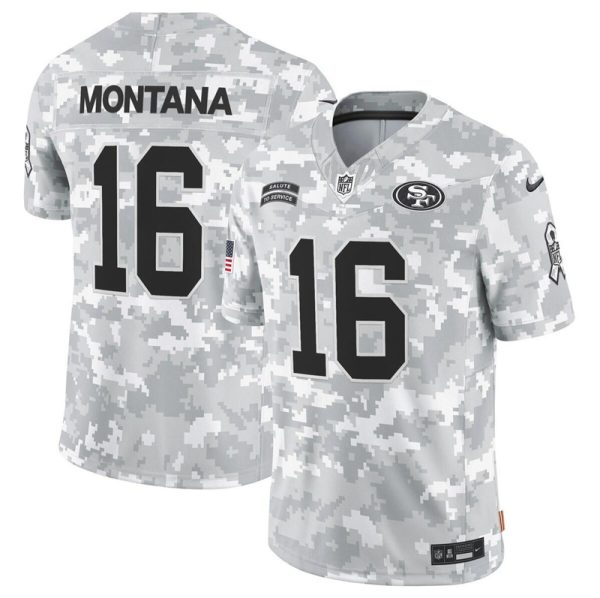 Men's San Francisco 49ers #16 Joe Montana 2024 F.U.S.E Arctic Camo Salute to Service Limited Stitched Football Jersey - Custom Name