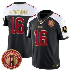 Men's San Francisco 49ers #16 Joe Montana Balck-White F.U.S.E. Golden Gate Bridge Patch Alternate Vapor Limited Stitched Football Jersey - Custom Name
