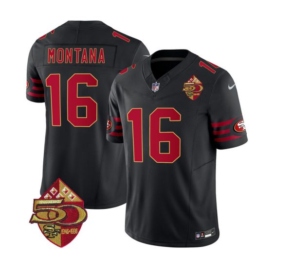 Men's San Francisco 49ers #16 Joe Montana Black 2023 F.U.S.E. 50th Patch Vapor Limited Stitched Football Jersey - Custom Name