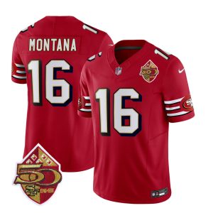 Men's San Francisco 49ers #16 Joe Montana Red 2023 F.U.S.E. 50th Patch Throwback Stitched Football Jersey - Custom Name