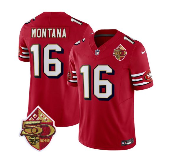 Men's San Francisco 49ers #16 Joe Montana Red 2023 F.U.S.E. 50th Patch Throwback Stitched Football Jersey - Custom Name