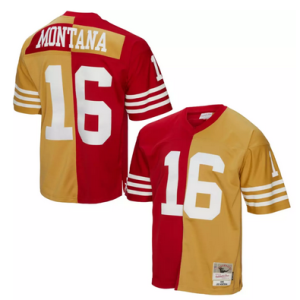 Men's San Francisco 49ers #16 Joe Montana Red Gold Split 1990 Throwback Stitched Jersey - Custom Name