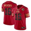 Men's San Francisco 49ers #16 Joe Montana Red Gold With 75th Anniversary Patch Stitched Jersey - Custom Name