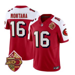 Men's San Francisco 49ers #16 Joe Montana Red-White 2023 F.U.S.E. 50th Patch Throwback Stitched Football Jersey - Custom Name