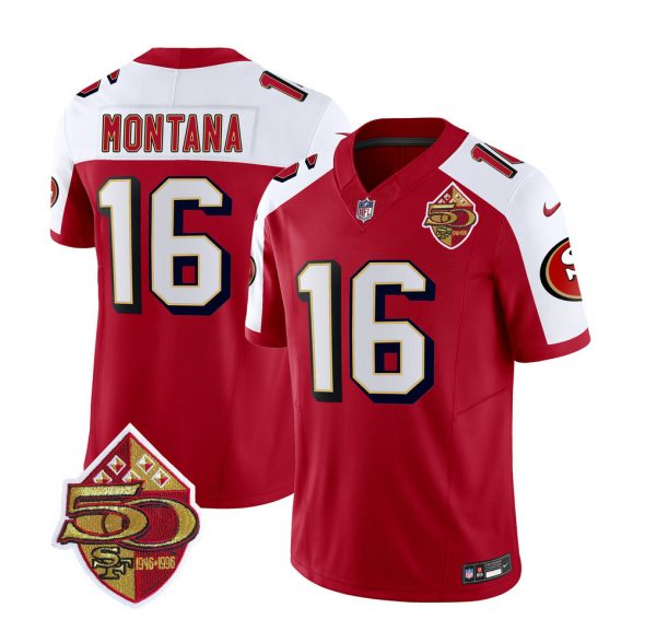 Men's San Francisco 49ers #16 Joe Montana Red-White 2023 F.U.S.E. 50th Patch Throwback Stitched Football Jersey - Custom Name