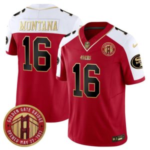Men's San Francisco 49ers #16 Joe Montana Red-White F.U.S.E. Golden Gate Bridge Patch Alternate Vapor Limited Stitched Football Jersey - Custom Name