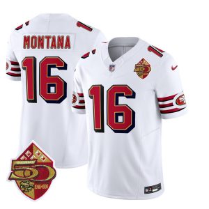 Men's San Francisco 49ers #16 Joe Montana White 2023 F.U.S.E. 50th Patch Throwback Stitched Football Jersey - Custom Name