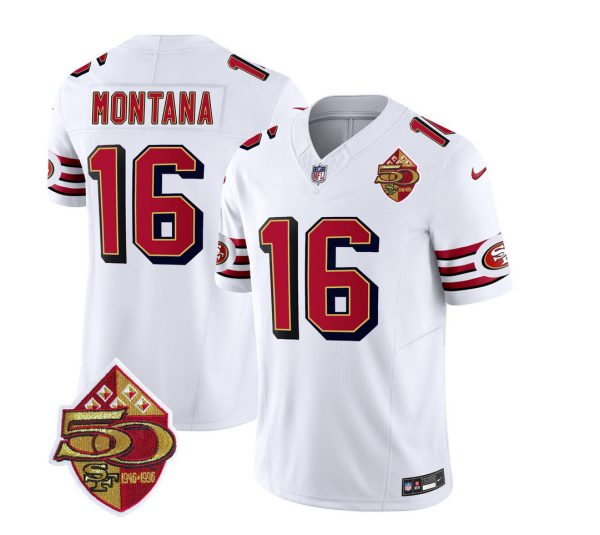 Men's San Francisco 49ers #16 Joe Montana White 2023 F.U.S.E. 50th Patch Throwback Stitched Football Jersey - Custom Name