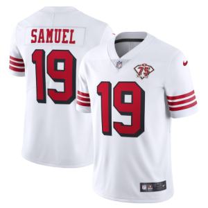 Men's San Francisco 49ers #19 Deebo Samuel 2021 White 2nd 75th Anniversary 2nd Alternate Vapor Untouchable Limited Stitched NFL Jersey - Custom Name