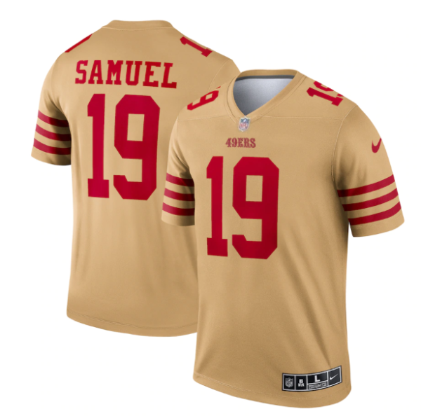 Men's San Francisco 49ers #19 Deebo Samuel 2022 New Gold Inverted Legend Stitched Football Jersey1 - Custom Name