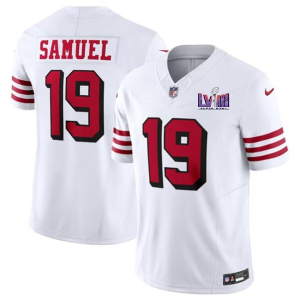 Men's San Francisco 49ers #19 Deebo Samuel New White F.U.S.E. Super Bowl LVIII Patch Vapor Untouchable Limited Stitched Football Jersey - Custom Name