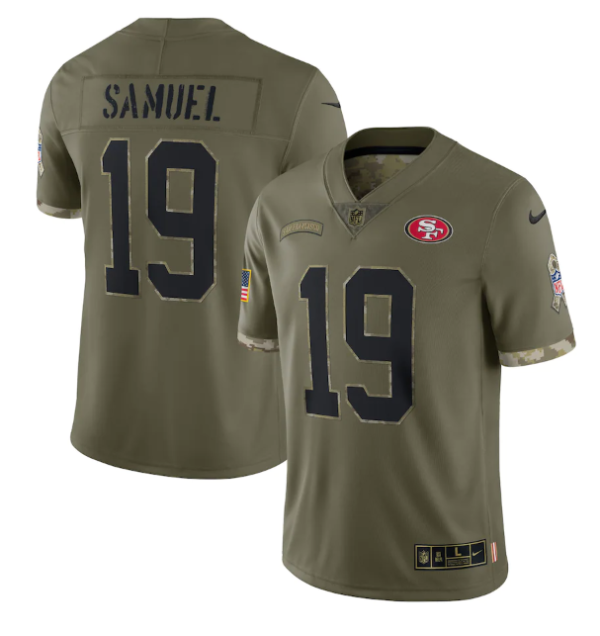 Men's San Francisco 49ers #19 Deebo Samuel Olive 2022 Salute To Service Limited Stitched Jersey - Custom Name