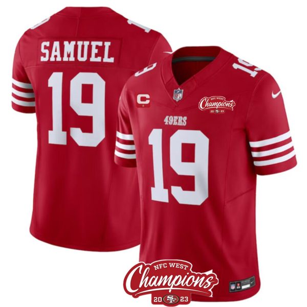 Men's San Francisco 49ers #19 Deebo Samuel Red 2023 F.U.S.E. With 1-star C Patch And NFC West Champions Patch Stitched Football Jersey - Custom Name