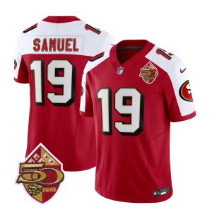 Men's San Francisco 49ers #19 Deebo Samuel Red-White 2023 F.U.S.E. 50th Patch Throwback Stitched Football Jersey - Custom Name