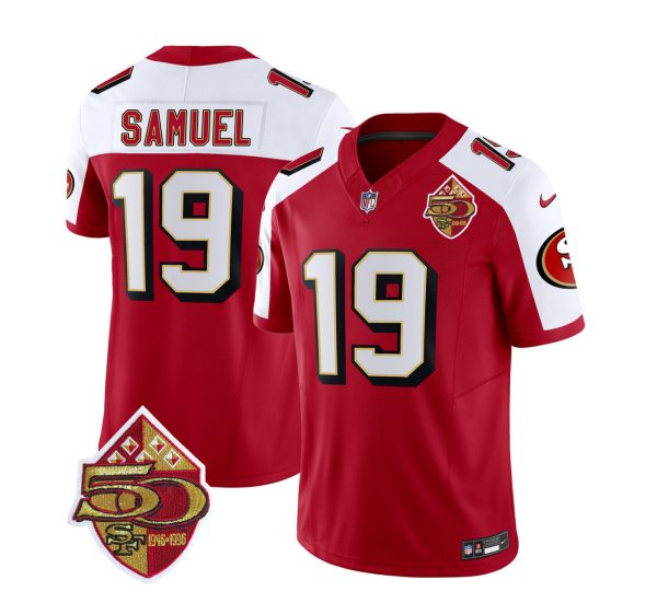 Men's San Francisco 49ers #19 Deebo Samuel Red-White 2023 F.U.S.E. 50th Patch Throwback Stitched Football Jersey - Custom Name