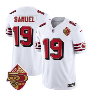 Men's San Francisco 49ers #19 Deebo Samuel White 2023 F.U.S.E. 50th Patch Throwback Stitched Football Jersey - Custom Name