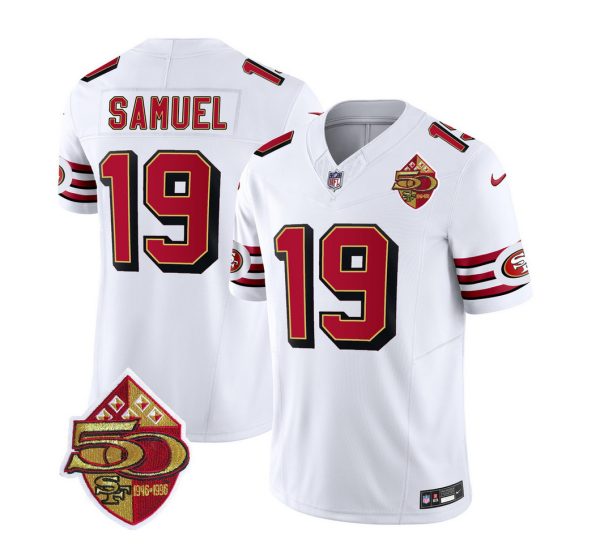 Men's San Francisco 49ers #19 Deebo Samuel White 2023 F.U.S.E. 50th Patch Throwback Stitched Football Jersey - Custom Name