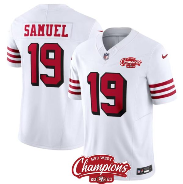 Men's San Francisco 49ers #19 Deebo Samuel White 2023 F.U.S.E. NFC West Champions Patch Alternate Stitched Football Jersey - Custom Name