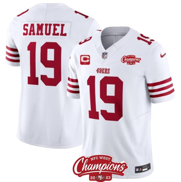 Men's San Francisco 49ers #19 Deebo Samuel White 2023 F.U.S.E. With 1-star C Patch And NFC West Champions Patch Stitched Football Jersey - Custom Name