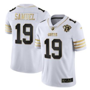 Men's San Francisco 49ers #19 Deebo Samuel White Gold With 75th Patch Stitched Jersey - Custom Name
