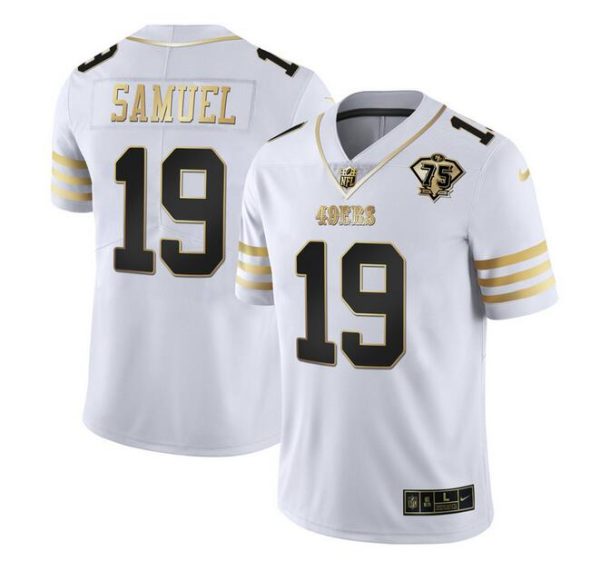 Men's San Francisco 49ers #19 Deebo Samuel White Gold With 75th Patch Stitched Jersey - Custom Name