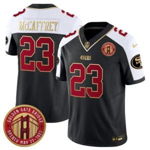 Men's San Francisco 49ers #23 Christian McCaffrey Balck F.U.S.E. Golden Gate Bridge Patch Alternate Vapor Limited Stitched Football Jersey - Custom Name