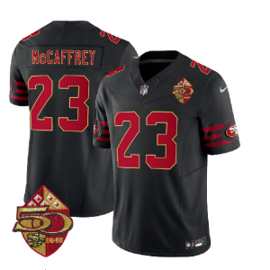 Men's San Francisco 49ers #23 Christian McCaffrey Black 2023 F.U.S.E. 50th Patch Throwback Stitched Football Jersey - Custom Name