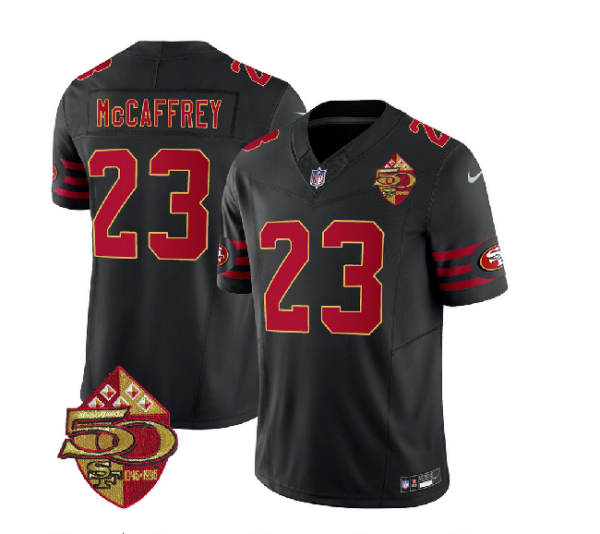 Men's San Francisco 49ers #23 Christian McCaffrey Black 2023 F.U.S.E. 50th Patch Throwback Stitched Football Jersey - Custom Name