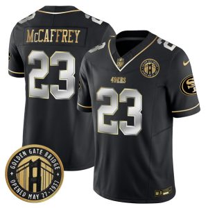 Men's San Francisco 49ers #23 Christian McCaffrey Black F.U.S.E. Golden Gate Bridge Patch Vapor Limited Stitched Football Jersey - Custom Name