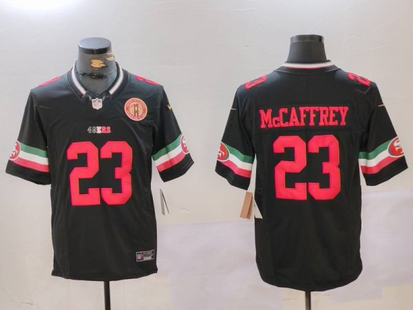 Men's San Francisco 49ers #23 Christian McCaffrey Black F.U.S.E. Mexico With Gate Bridge Patch Vapor Limited Stitched Football Jersey - Custom Name